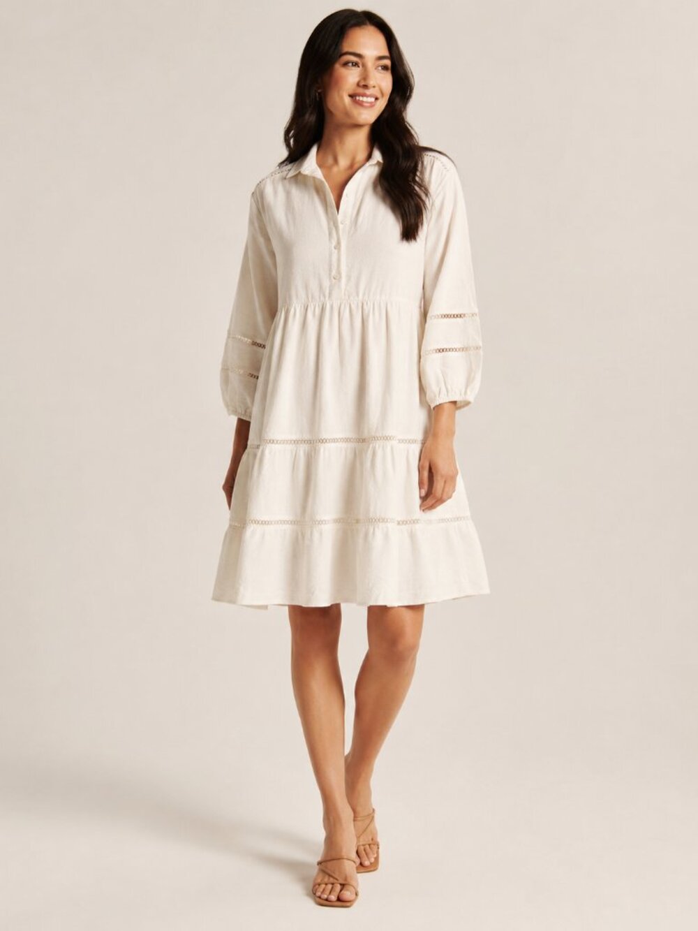 Taylor Ladder-Trim Linen Blend A-Line Dress – Cream – Size 6